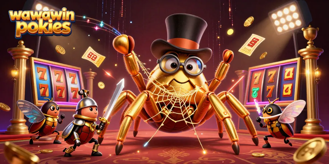 Experience wawawin pokies with a giant golden tarantula and a beetle knight in a dynamic casino scene.