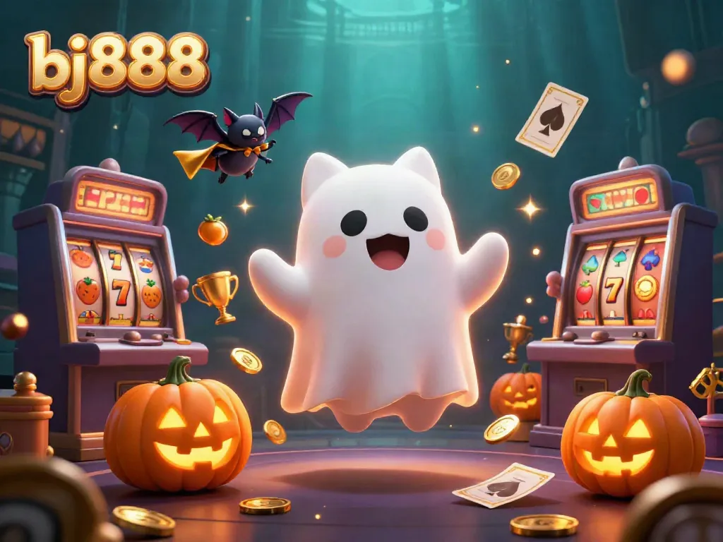 Lively ghost cat and vampire bat in a haunted casino scene promoting bj888 with fun gaming elements.