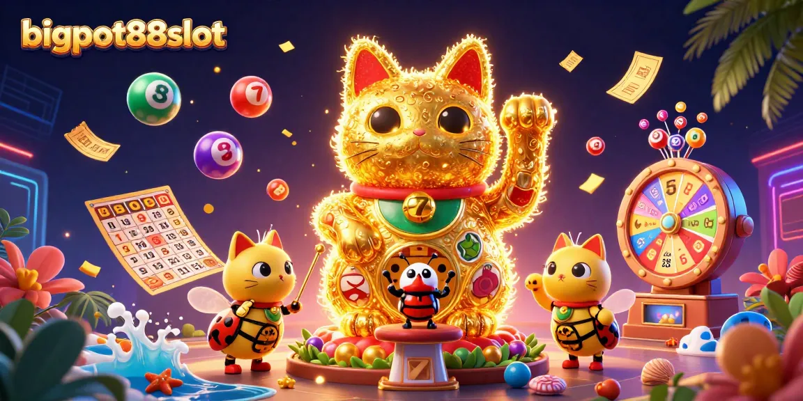 bigpot88slot menampilkan kucing keberuntungan raksasa dan simbol kasino dalam ilustrasi 3D penuh warna