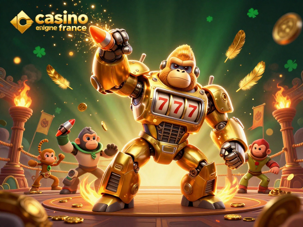 Jouez sur casino en ligne France avec un gorille mech dynamique et des pièces qui éclatent autour.