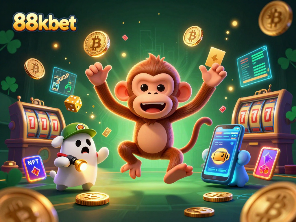 88kbet offers a thrilling casino experience with an enchanting illustration of a playful poltergeist monkey juggling gems amidst a vibrant gaming scene.