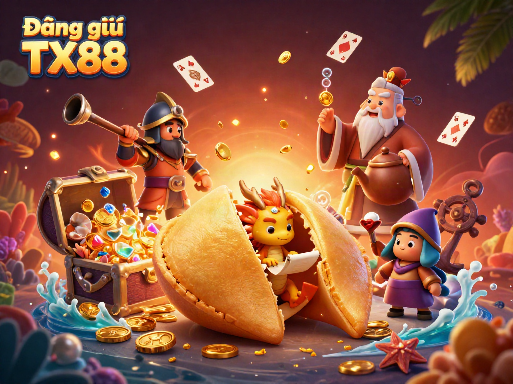 Engage in "Đăng ký TX88" with a vibrant 3D casino illustration featuring a fortune cookie and a wise dragon amidst treasure and games.