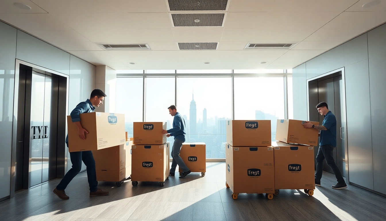 Movers providing Commercial Moving Services NYC, showing professional teamwork and organization in a modern office.