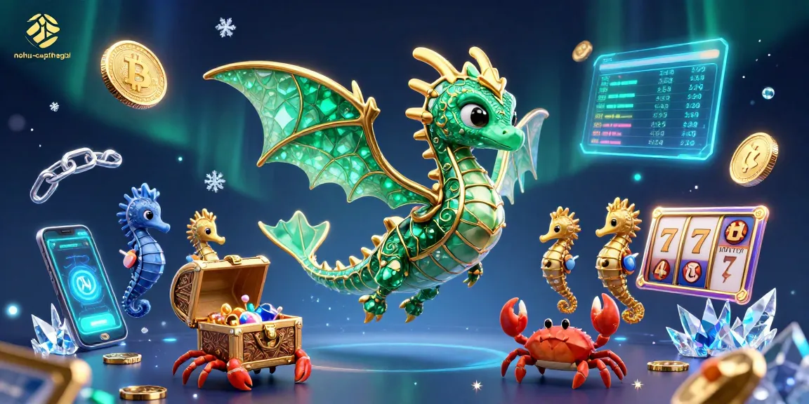 Nohu-cupthegioi showcases a captivating 3D scene with a sea dragon, seahorses, and cryptocurrency elements.