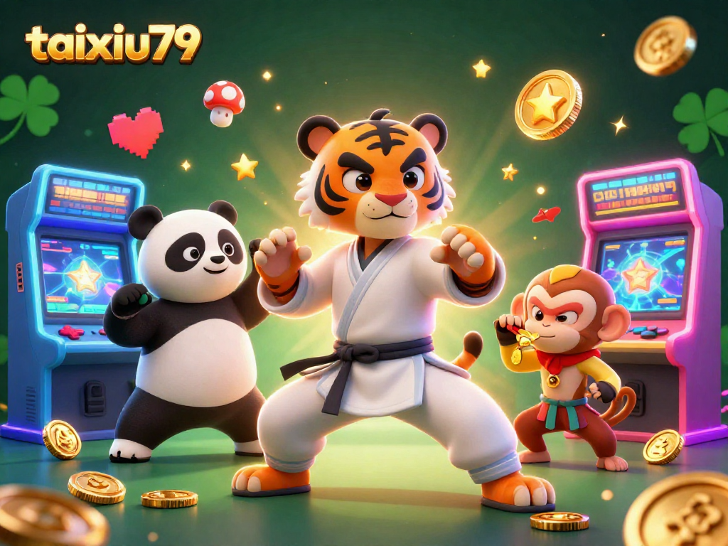 Engage with taixiu79 as a kung fu tiger and friends celebrate vibrant moments in a lively casino atmosphere.