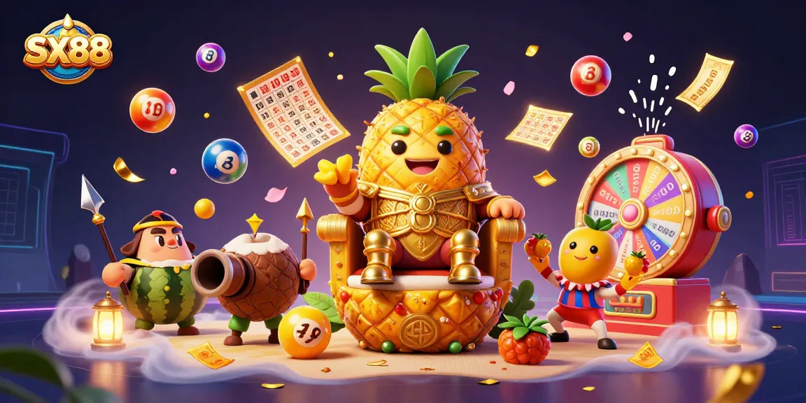 SX88 interactive beach casino scene with a golden pineapple king and dynamic gambling elements.