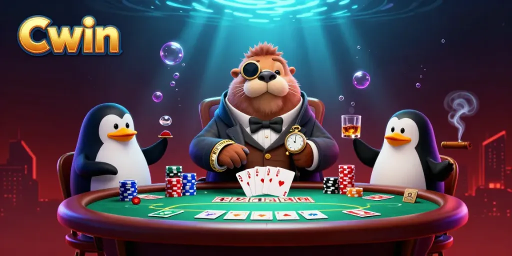 Cwin showcases an underwater poker scene with a walrus, penguin dealer, and pufferfish in a lively casino setting.