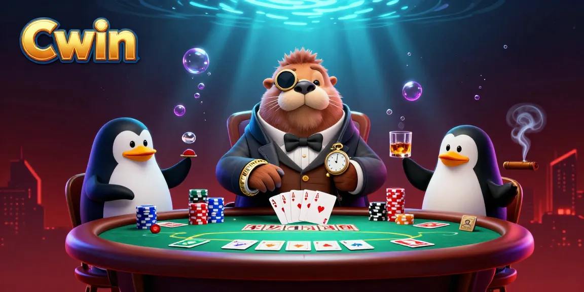 Cwin showcases an underwater poker scene with a walrus, penguin dealer, and pufferfish in a lively casino setting.