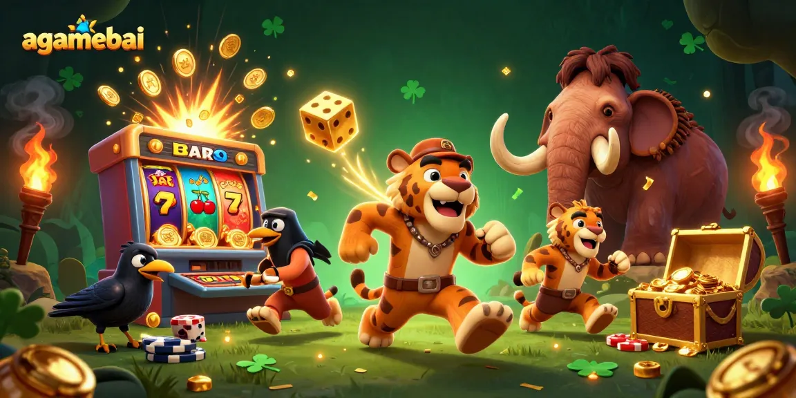 Experience vibrant gaming action at agamebai with a cartoon casino scene showcasing thrilling slot machines and rich details.
