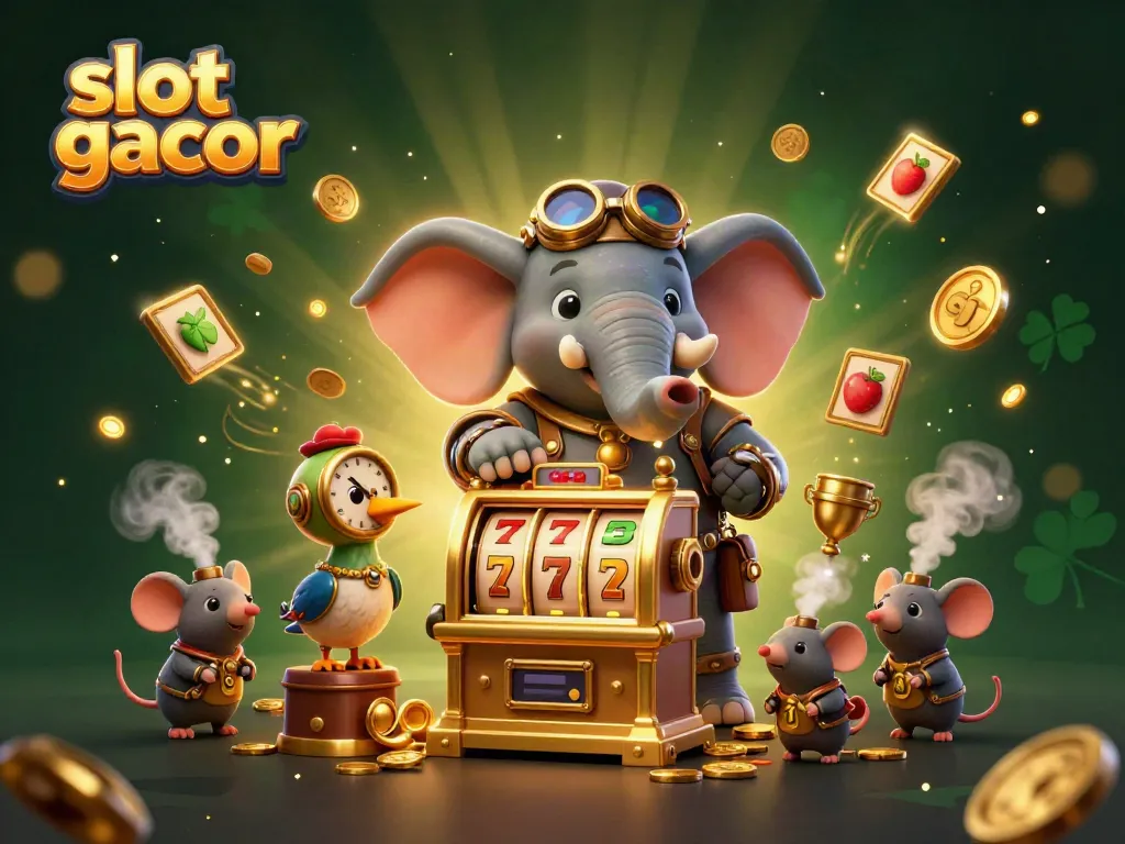 Play exciting slot gacor on a colorful golden slot machine with lively characters and casino elements.