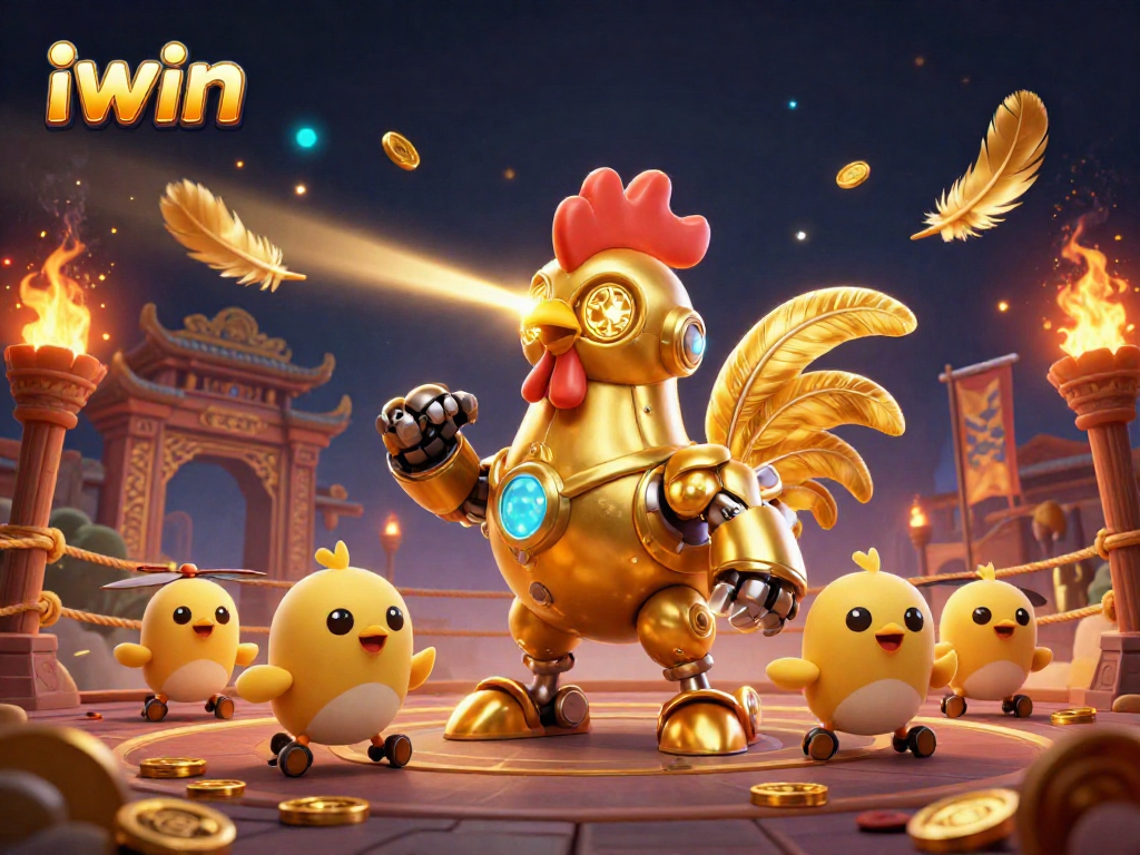 Engage in thrilling battles with iwin's golden rooster robot amidst dazzling casino action.