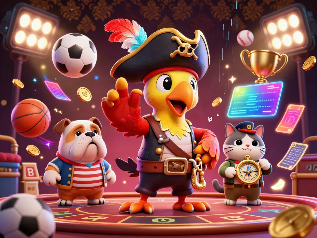 The vibrant casino scene depicts ok33 com with a pirate captain, bulldog, and cat amidst flying sports balls.