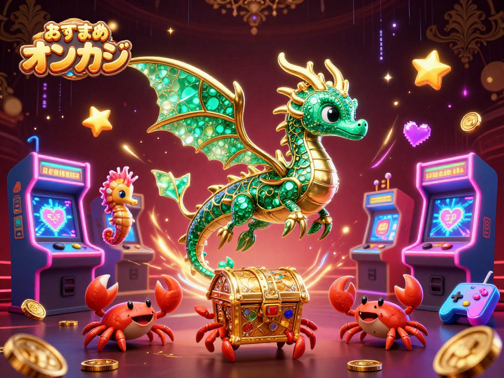 おすすめ オンカジの宝箱を持った海のドラゴンとカジノゲームが融合したビジュアル