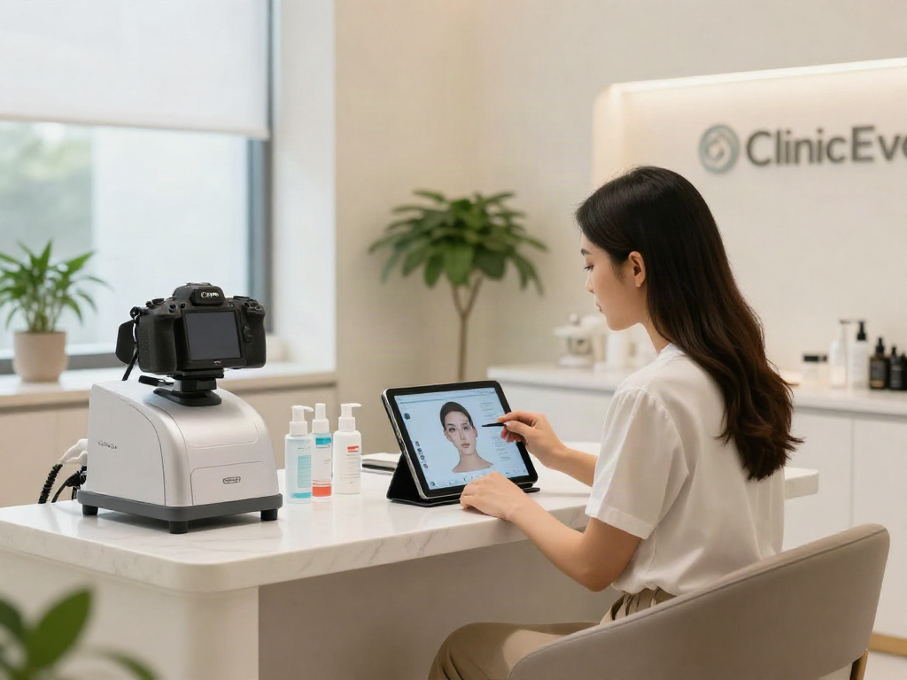 ClinicEvo is a better alternative to QOVES, showcasing modern beauty analysis in a bright clinic setting.