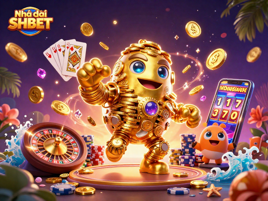 Engage with Nhà cái SHBET's golden golem in a dazzling casino adventure filled with coins and excitement!