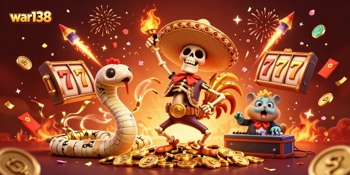Experience exciting wins at war138 with a festive scene featuring characters celebrating big slots victories.