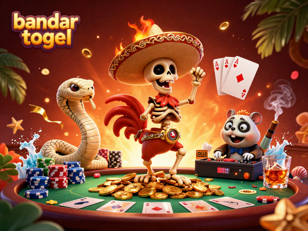 Experience the vibrant world of bandar togel with a playful 3D illustration of a dancing rooster and a DJ hamster.