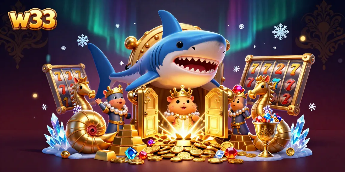 Experience thrilling w33 pokies with a vibrant illustration of a hamster king and treasures