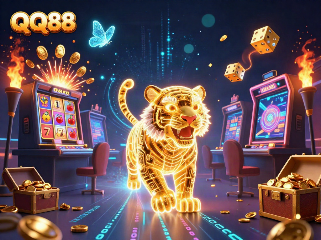 Experience thrilling action at QQ88 with neon elements and golden visuals in a digital casino.