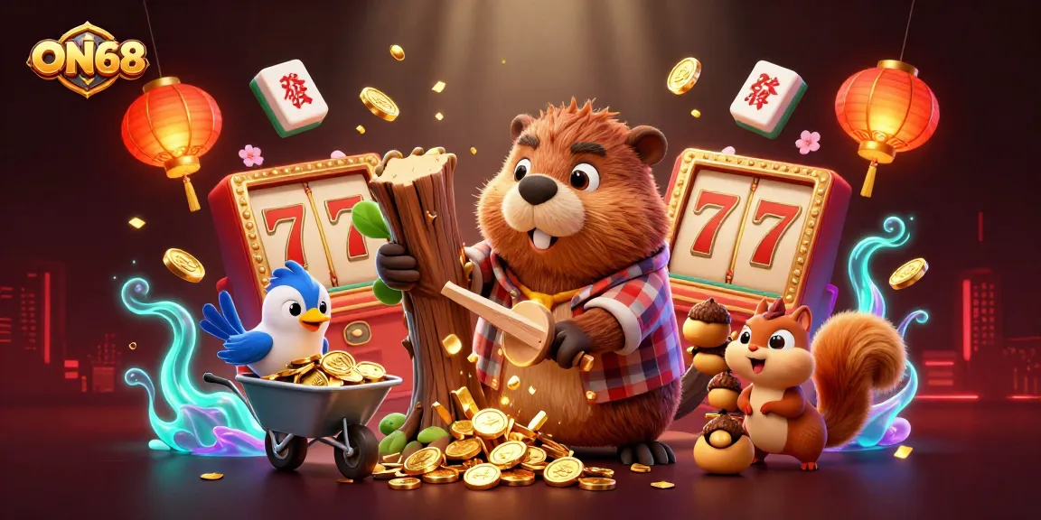 Engage with ON68's exciting casino features as a beaver character collects coins in a vibrant gaming scene.