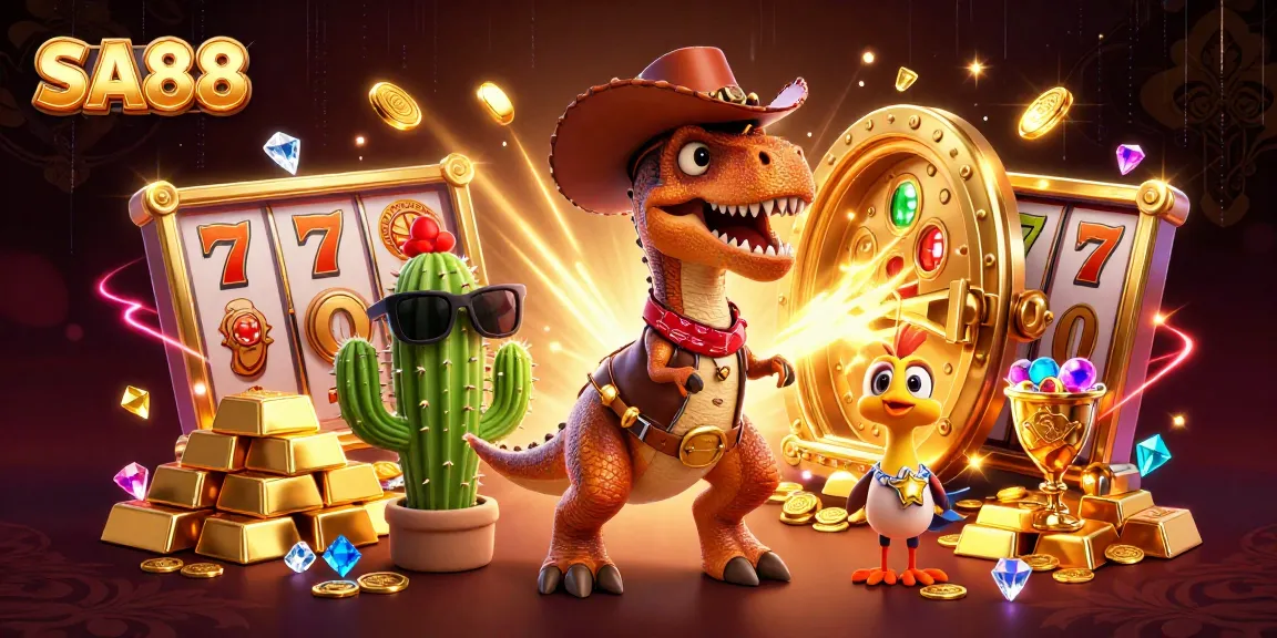Engage in thrilling slots at SA88 with a dynamic 3D gambling scene featuring a cowboy dinosaur.