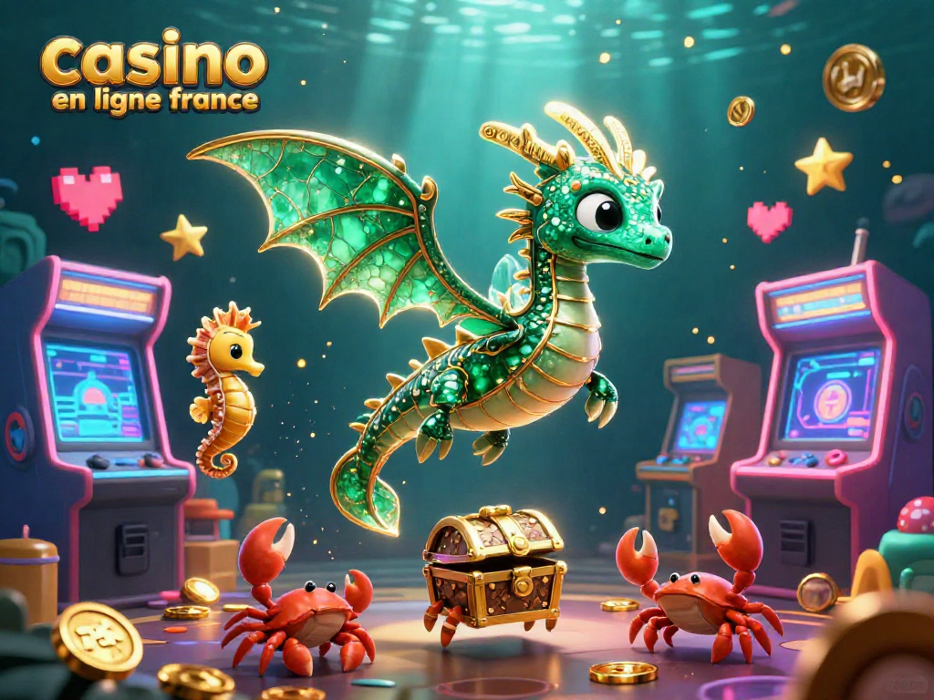 Découvrez l'illustration dynamique d'un casino en ligne en France avec un dragon marin et des objets de jeu colorés.