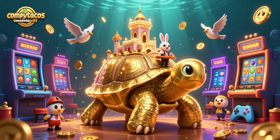 Compytacosandgrill's vibrant slot game scene features a golden tortoise casino and a rabbit dealer.
