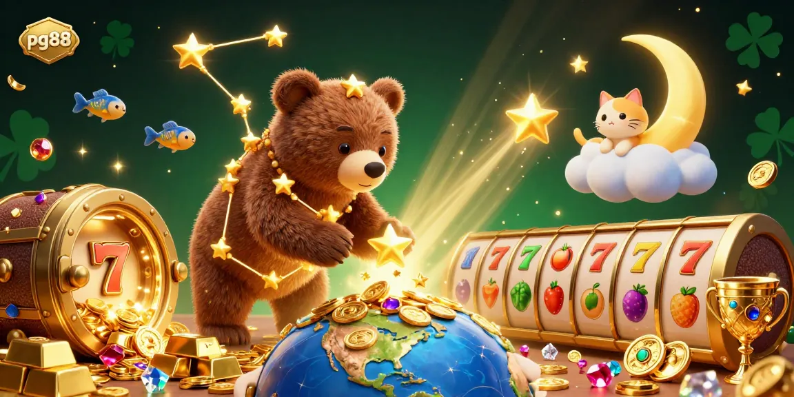 Catch exciting slot rewards with pg88 in this vibrant 3D casino illustration packed with gold coins and gems.
