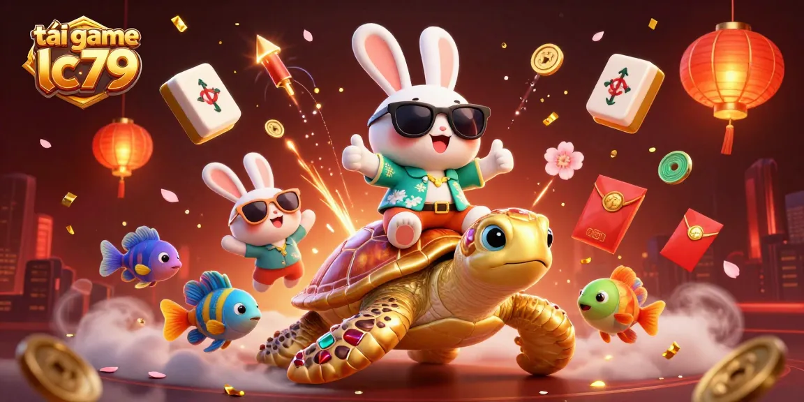 Nạp game slot tại lc79 với hình ảnh chú thỏ may mắn và rùa vàng giữa hàng loạt biểu tượng trò chơi hấp dẫn