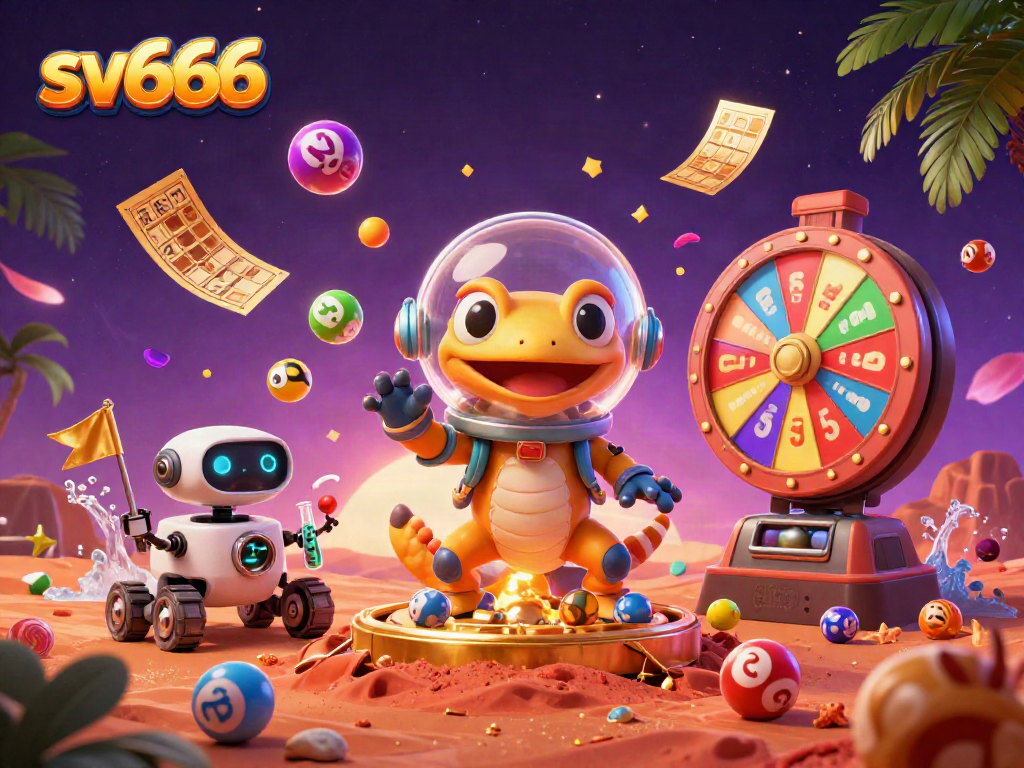Experience sv666 with Martian gecko discovering a golden casino amidst vibrant lottery elements and casino excitement.
