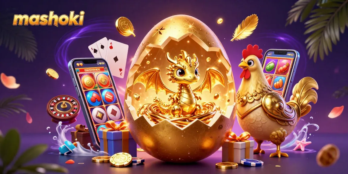 Experience the excitement of mashoki with a gold dragon and casino games in a vibrant 3D illustration.