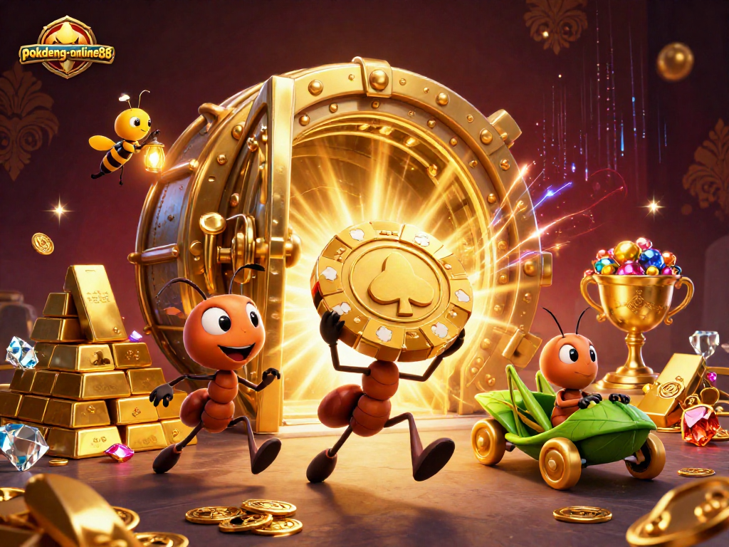 Experience the thrill of Pok Deng with animated ants heist and golden poker chips, showcasing pokdeng-online88.