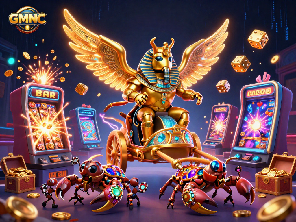 Engage in GMNC's thrilling slot experience with a vibrant gaming atmosphere illustrated.