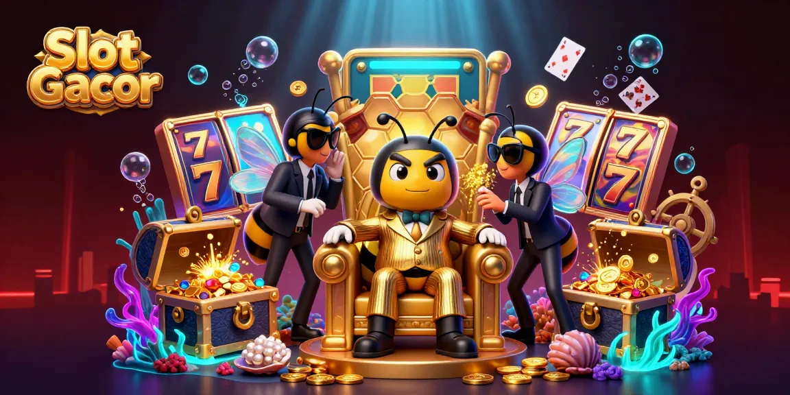 Slot Gacor menampilkan bos lebah jahat dengan slot mesin yang berkilauan dan petak harta karun di sekitarnya.