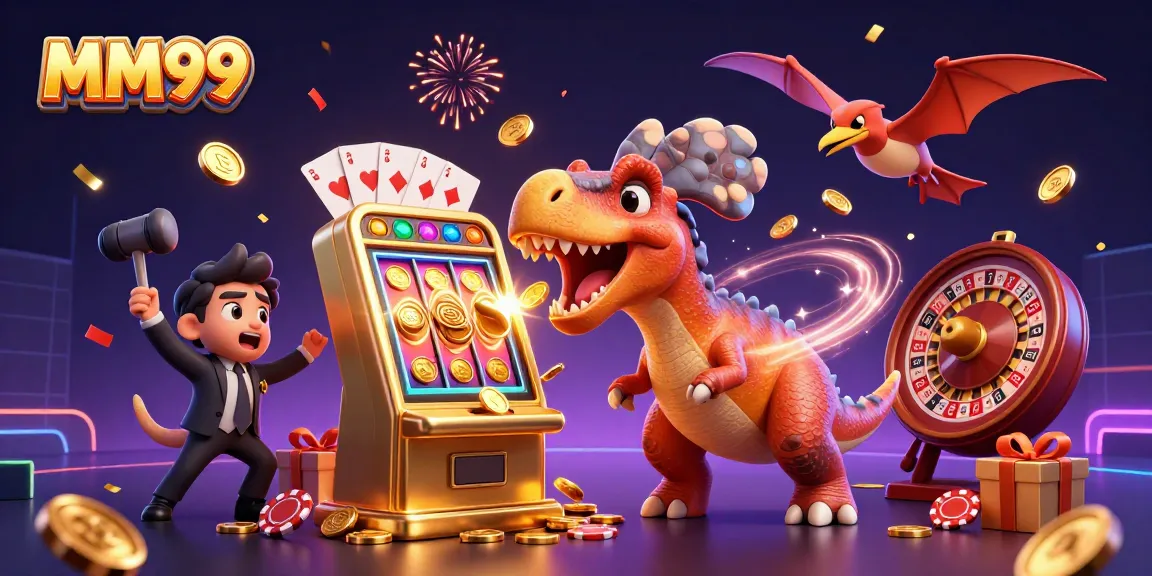 MM99 cartoon scene depicting a dinosaur triggering a jackpot on a slot machine amidst flying coins, showcasing vibrant casino elements.