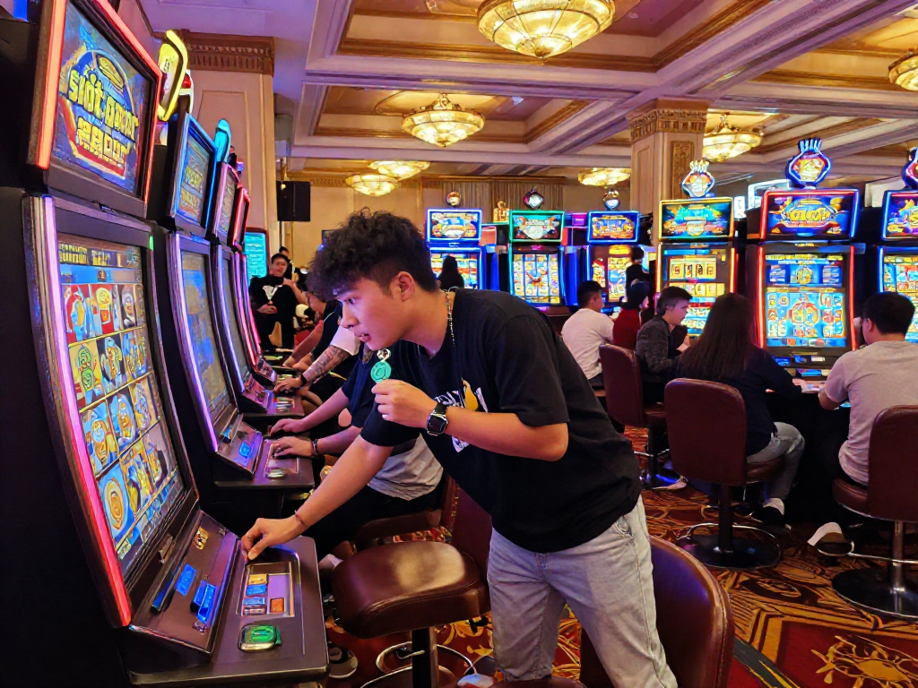 Slot gacor dalam suasana kasino yang ramai, pemain bersemangat menekan tombol mesin slot dengan lampu berwarna-warni menyala.