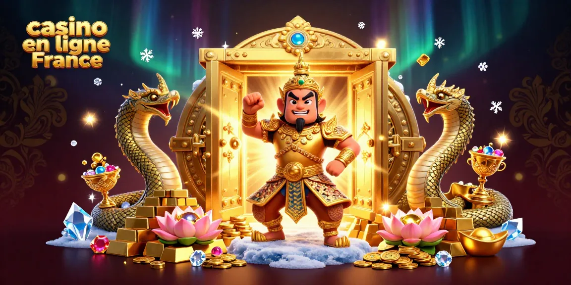Découvrez une illustration de casino en ligne France, avec un gardien et des serpents devant un coffre rempli de trésors.