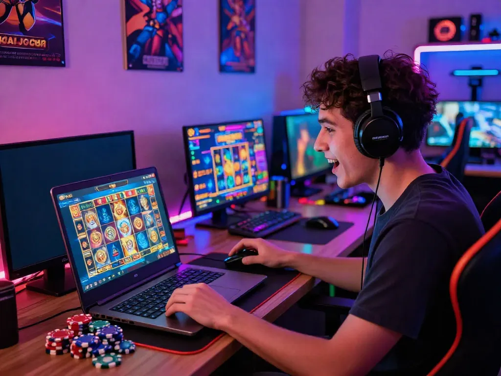 Player enjoying Slot MAHJONGJP88 on a laptop, vibrant gaming setup.