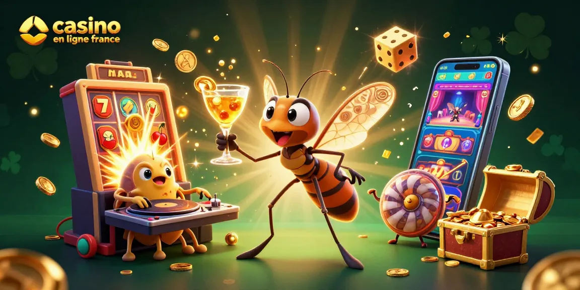 Jouez au casino en ligne France avec des personnages dynamiques comme un moustique et un trilobite dans un décor vibrant.
