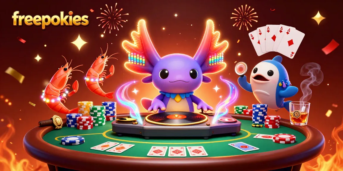 Celebrate winning with freepokies in an ultra-detailed 3D casino scene full of vibrant characters and elements.
