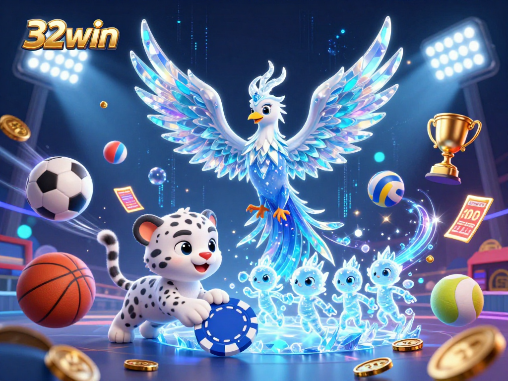 Players enjoy dynamic sports betting with 32win's vibrant 3D illustration featuring an ice phoenix and sports elements.