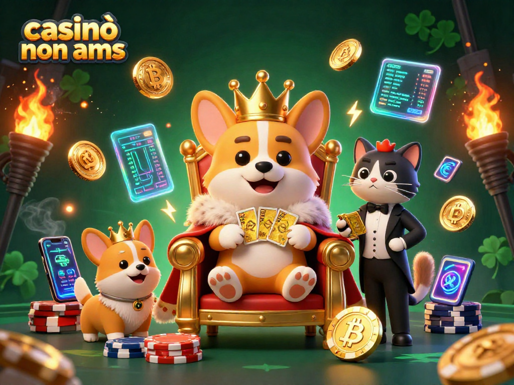 L'illustrazione del casinò non aams mostra un corgi reale circondato da elementi di gioco e cripto.
