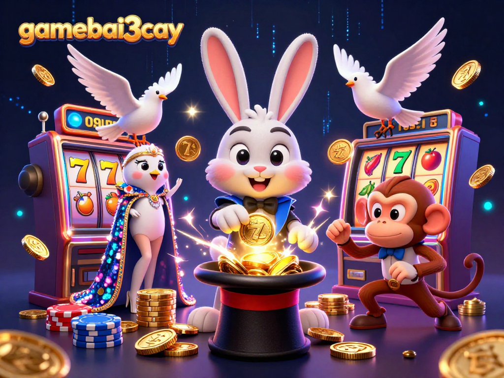 Experience excitement at gamebai3cay with a magician rabbit showcasing casino thrills and treasures.
