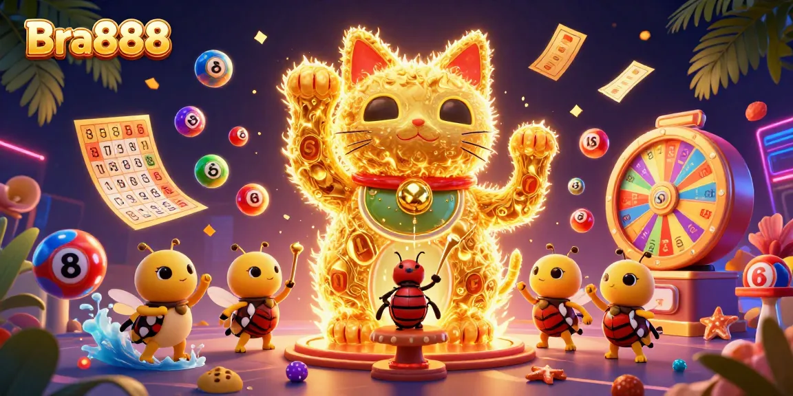 Experience the exhilarating Bra888 atmosphere with vibrant casino elements and a lucky cat illustration.