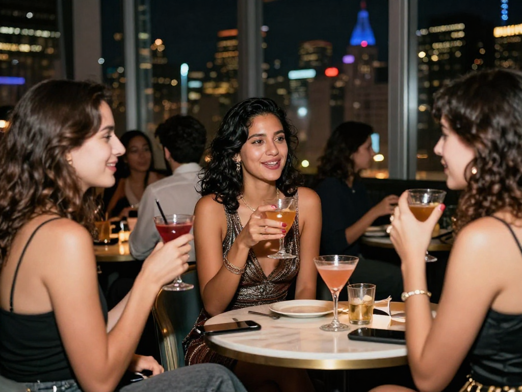 Gái gọi trong không gian sống động của buổi tối, nói chuyện với bạn bè tại quán bar sang trọng.