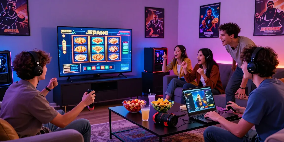 Friends enjoying slot jepang video game session in modern living room.