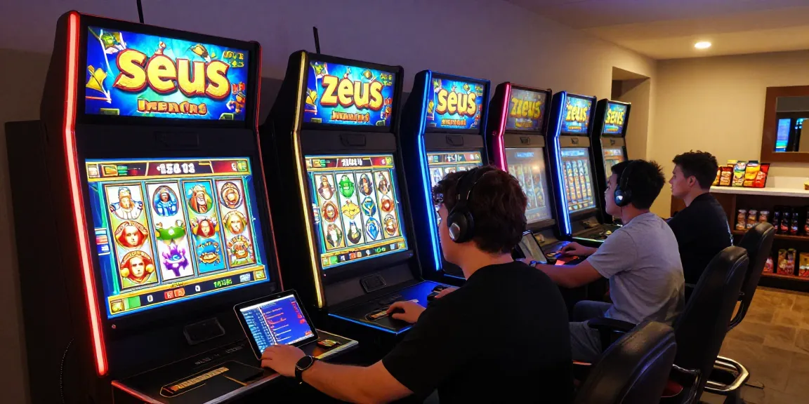 Engaging online gaming moment with players spinning slot zeus reels and vibrant graphics, illustrating Greek mythology themes.