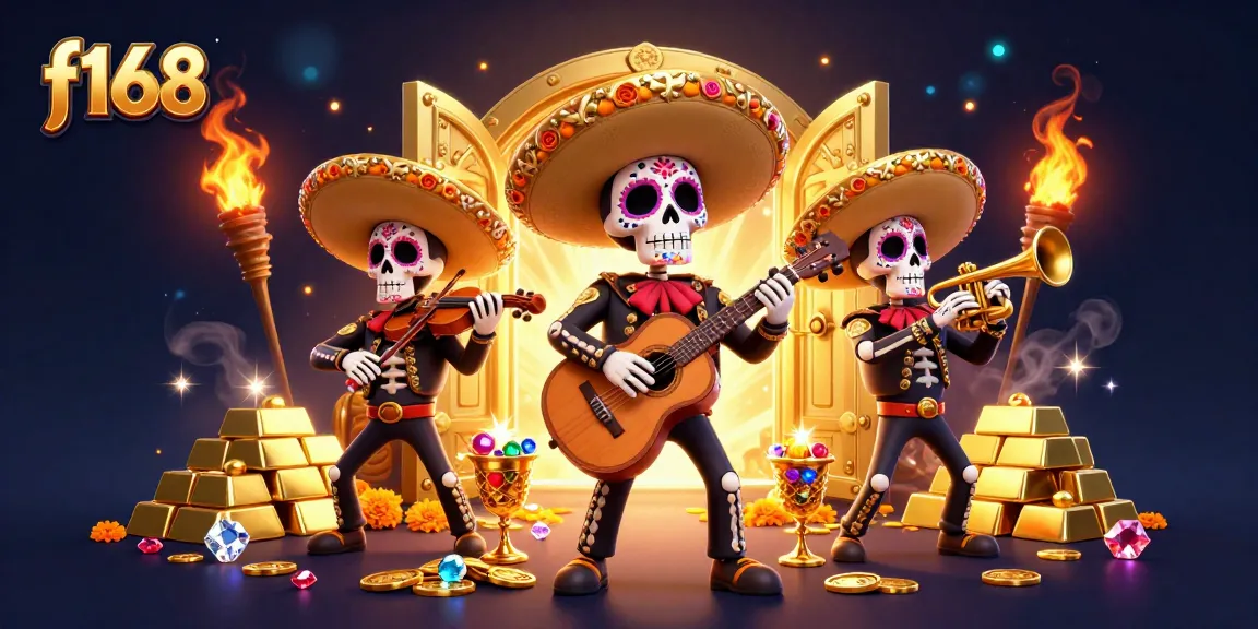Experience the excitement of f168 casino with animated mariachi band and golden treasures illuminating the scene.