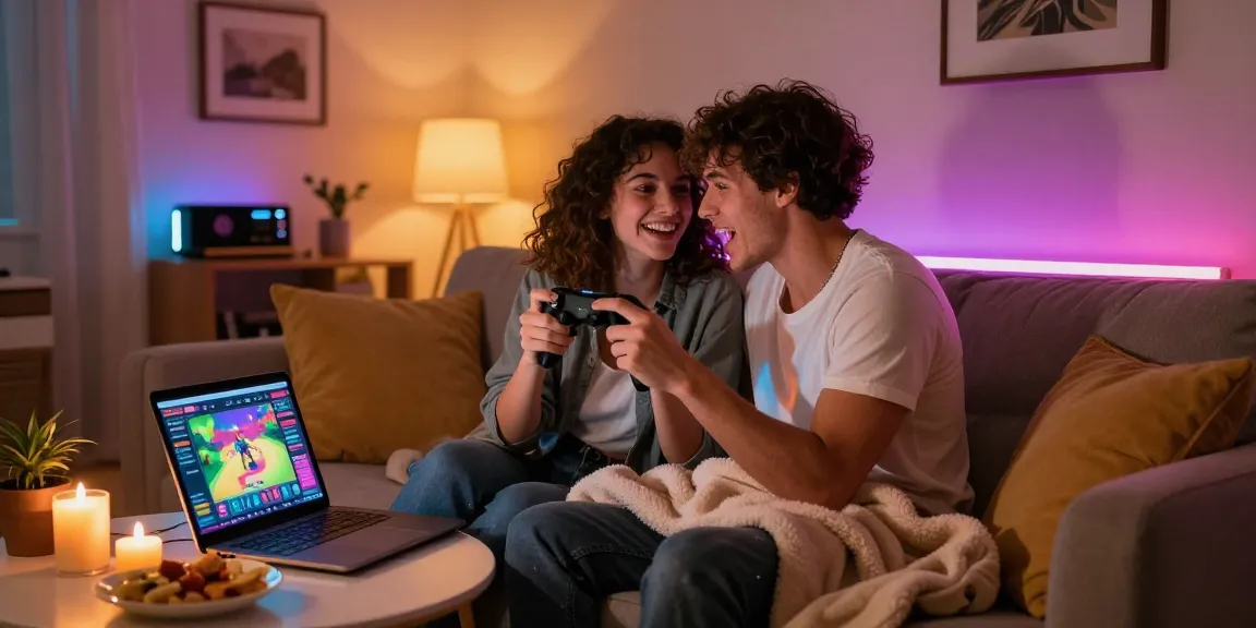 Couple enjoying a real sex game together in a cozy living room, warm atmosphere.