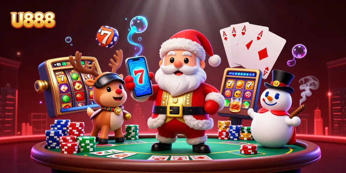 Join the fun at U888 as Santa celebrates jackpots, surrounded by lively casino elements!
